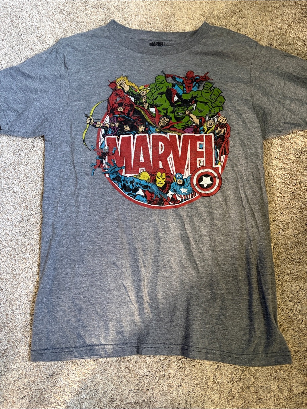 Marvel Kids Gray Tee with Red Logo and Multicolor Superhero Print